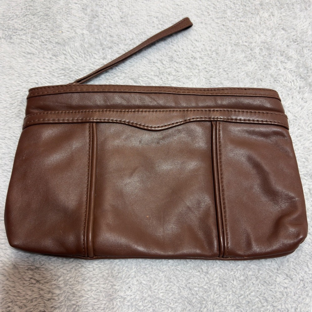Vintage Brown Leather Wristlet Pouch Women's Zippered Clutch Bag Pocket Soft